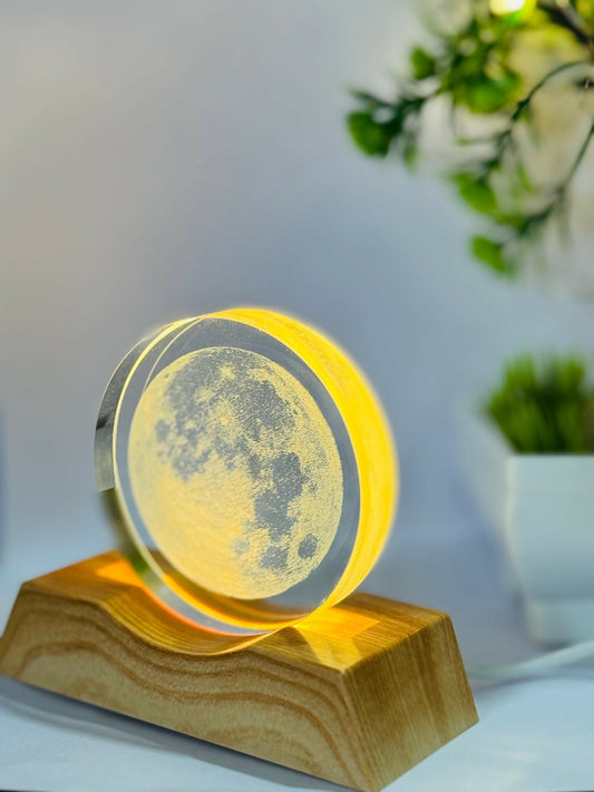 3D Moon LED Night Lamp with Wooden Base | Laser Engraved Full Moon Acrylic Light for Bedroom, Home Decor, Desk & Gifting | Lunar Glow Ambient Lamp with USB Power | Celestial Mood Light