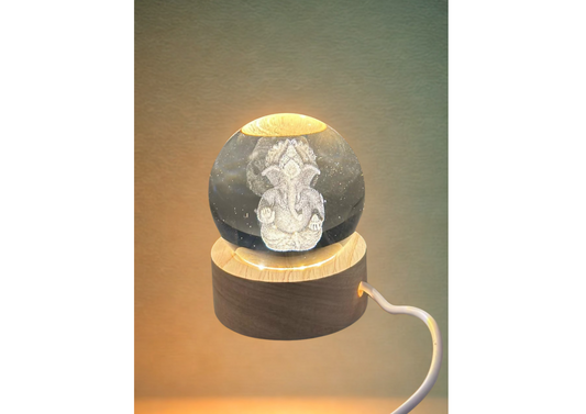 3D Crystal Ganesha LED Night Lamp Crystal Ball Night Lamp,Creative Engraved Crystal Ball Night Light, USB Table LED Wooden Crystal Ball for Home Office Decoration Birthday Gift Adults, Ganesh Ganesha