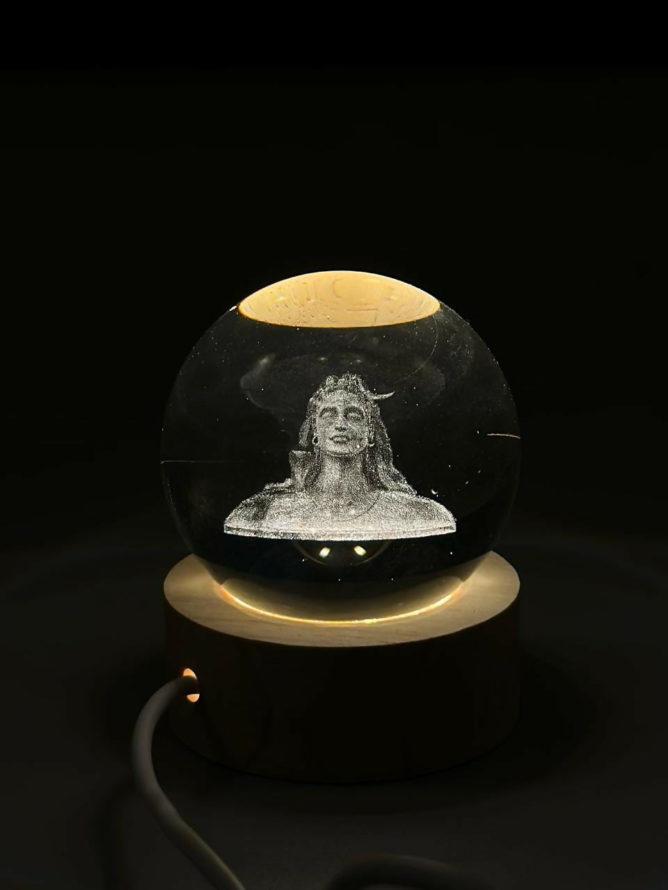 3D Crystal Glass Shiva Sculpture LED Night Lamp with Wooden Base – Illuminated Adiyogi Bust Decorative Light for Meditation, Spiritual Home Décor, and Gift Purposes